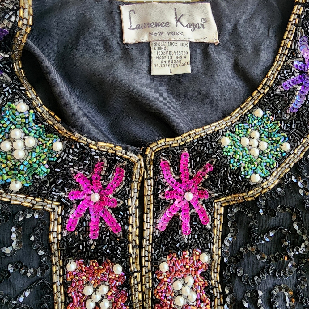Vintage Laurence Kazar NY Embellished Sequin Beaded Black Jacket Top Large Silk - Picture 6 of 9